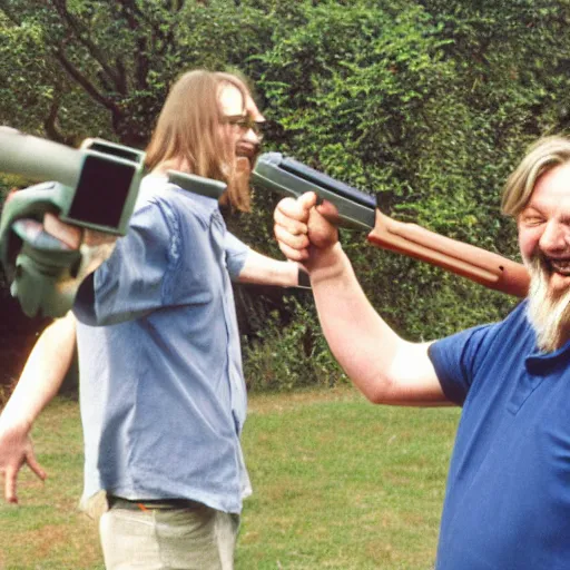 Image similar to robert wyatt laughing maniacally and pointing a gun directly at the camera