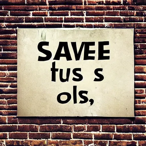 Image similar to huge poster “Save Us From Scissors”, on a brick wall