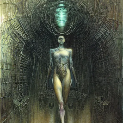 Prompt: cyberpunk dreaming in a a gigeresque world by jean delville by luis royo and wayne barlowe, beksinski