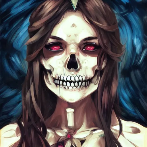 Image similar to anime manga skull portrait young woman skeleton, artgerm, painterly, impressionist, graffiti, key lighting, art by jc leyendecker and sachin teng