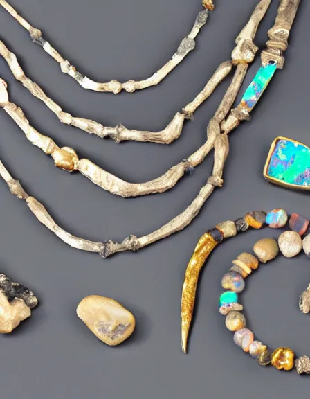 Image similar to 1 1 0 million years old opal and bones along some jewellery made of gold over black velvet