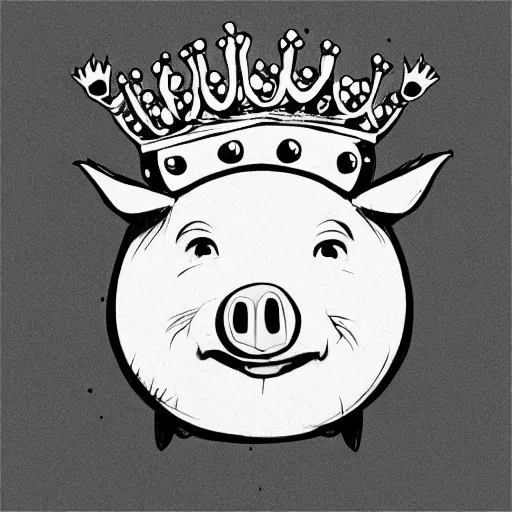 Image similar to black and white grunge cartoon sketch of a pig in a gold crown by - beeple , loony toons style, horror themed, detailed, elegant, intricate, outline