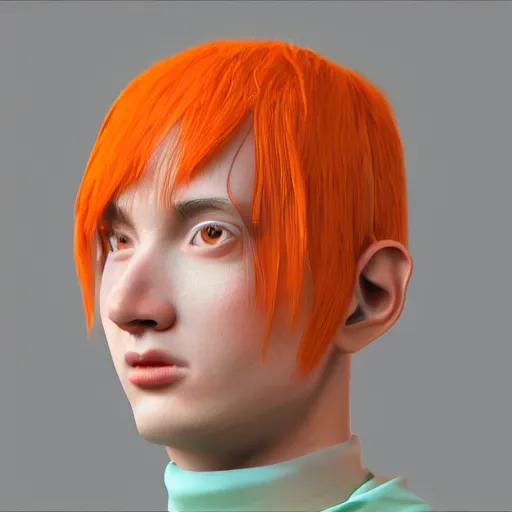 Image similar to character art of a human with bird head, trending on art station, orange and teal color, cgsociety, octane render