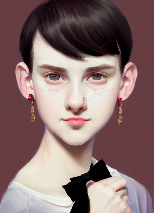 Image similar to portrait of white teenage girl, narrow face, short black hair, bangs, half updo hairstyle, buck teeth, smile, unattractive, defined jawline, long chin, wearing hair bow, earrings, intricate, elegant, glowing lights, highly detailed, digital painting, artstation, sharp focus, illustration, art by wlop, mars ravelo and greg rutkowski