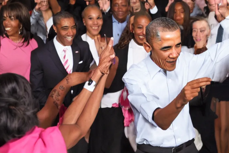 Prompt: barack obama with terf bangs dancing at the disco,