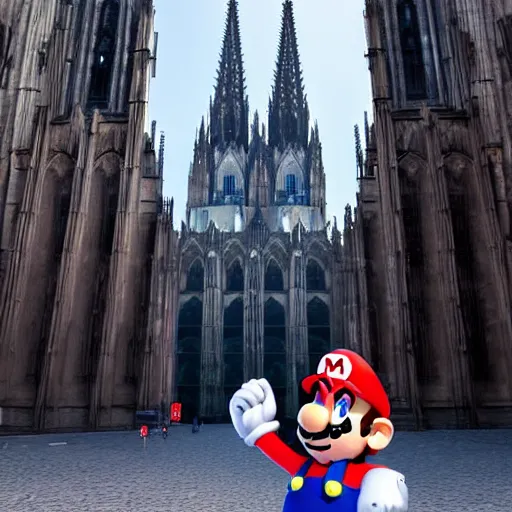 Prompt: super mario walking next to the cathedral of cologne, germany, volumetric lighting, sharp focus, ultra detailed, cgsociety - w 1 0 2 4 - n 8 - i