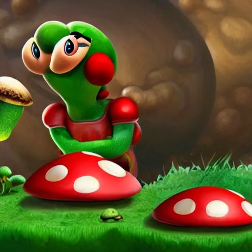 Image similar to hyper realistic super Mario eating mushrooms that take him to a parallel universe where giant mutated turtles eat anthropomorphic toadstools while they scream