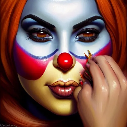 Prompt: Kim Kardashian in clown makeup eating out of a can of baked beans, closeup, D&D, fantasy, intricate, elegant, highly detailed, digital painting, artstation, concept art, matte, sharp focus, illustration, hearthstone, art by Artgerm and Greg Rutkowski and Alphonse Mucha