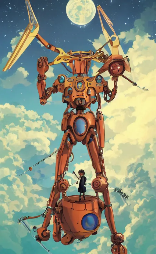 Image similar to evangelion with a mechanical moon lute in its arms, movie poster, 3 d anime, arcane style, retropunk, steampunk, high resolution, 4 k, retrofuturism, studio ghibli, simon stalenhag