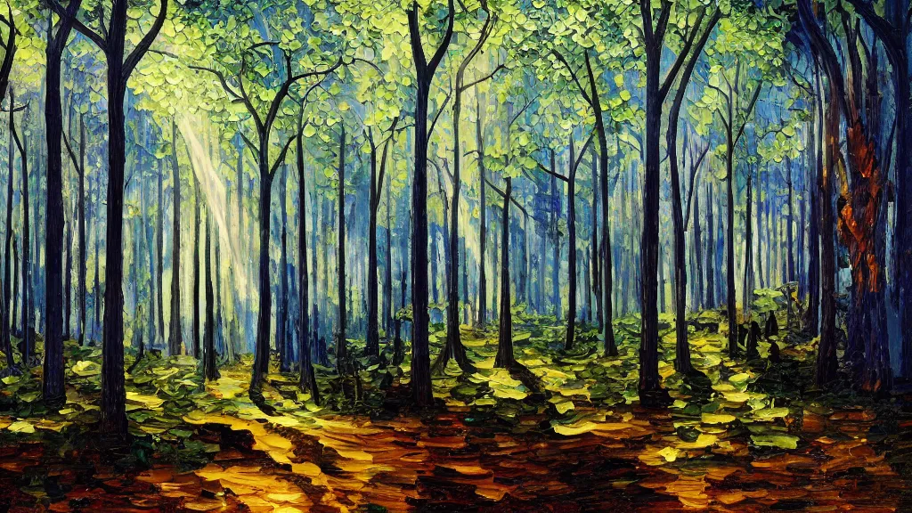 Prompt: A Pablo PIcasso oil painting of a hauntingly beautiful elven forest in the morning; rays of light coming through the canopy; trending on artstation; extraordinary masterpiece!!!!!!; 8k