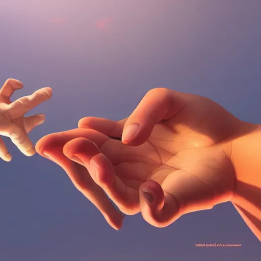 Image similar to a hand reaching out to another hand, behance hd by jesper ejsing, by rhads, makoto shinkai and lois van baarle, ilya kuvshinov, rossdraws global illumination ray tracing hdr radiating a glowing aura