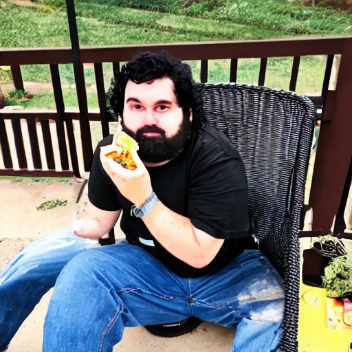 Prompt: heavy 2 0 year old, messy black hair, big beard, eating burgers, chicken nuggets, back porch table