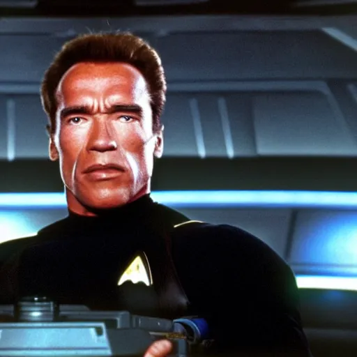 Image similar to arnold schwarzenegger in star trek the next generation, 4 k hd still