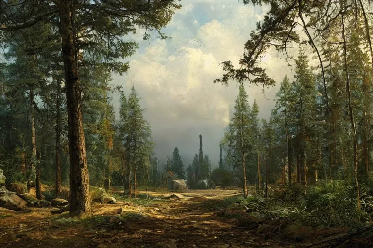 Image similar to A beautiful painting of russian village in dark forest by ivan shishkin and arkhip kuindji, trending on artstation,matte painting