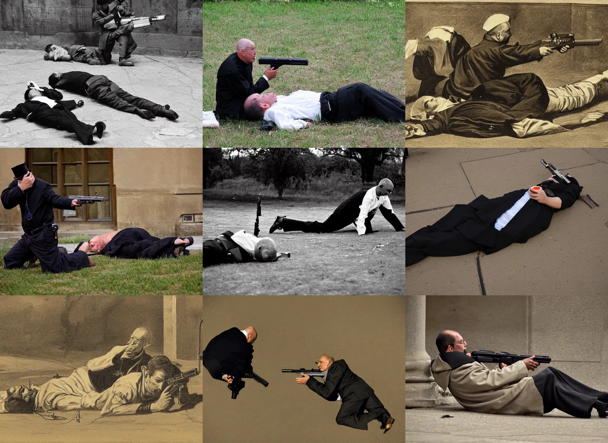 Prompt: a priest aiming a gun at a man laying on the ground