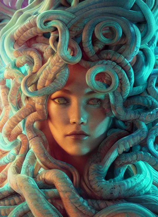 Image similar to medusa made of soft wax, wooden art nouveau swirls, strong subsurface scattering, cables, tubes, subsurface scattering, in the style of ruan jia and beeple and giger, subsurface scattering, mystical colors, rim light, dramatic lighting, 8 k, stunning scene, raytracing, octane render, trending on artstation