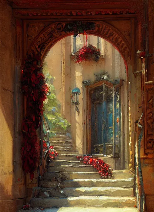 Image similar to new york apartment entrance, wreath on door, artwork by gaston bussiere, craig mullins, trending on artstation