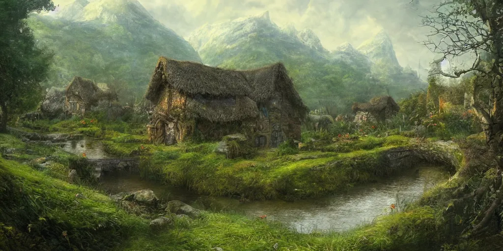 Image similar to a small serene fantasy village on the edge of the woods, by alan lee, lord of the rings, smooth, detailed terrain, oil painting, matte painting, concept art, trending on artstation