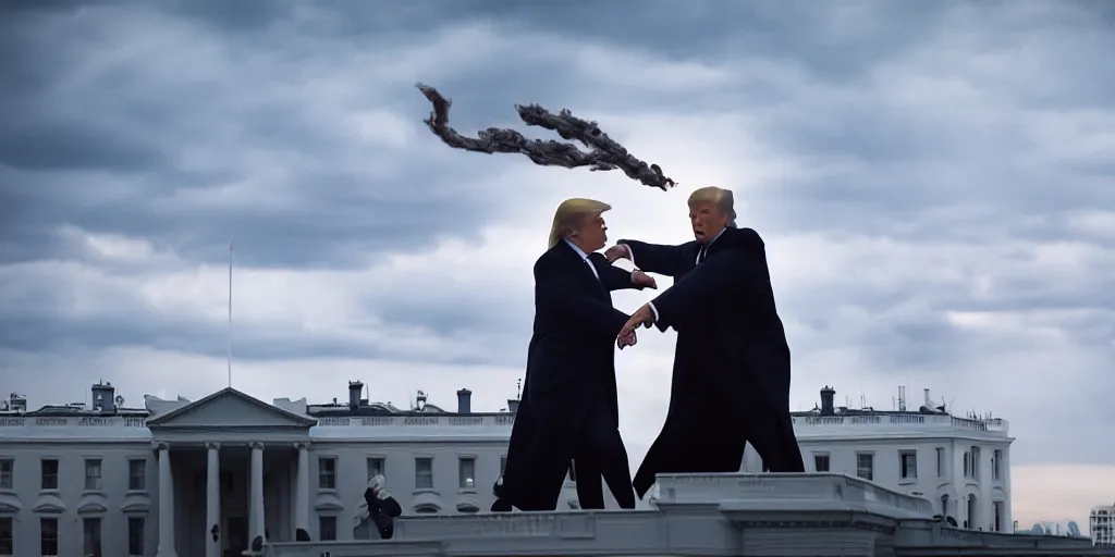 Prompt: a professional cinematic photo of donald trump fighting voldemort on top of white house. extremely high fidelity. key light.