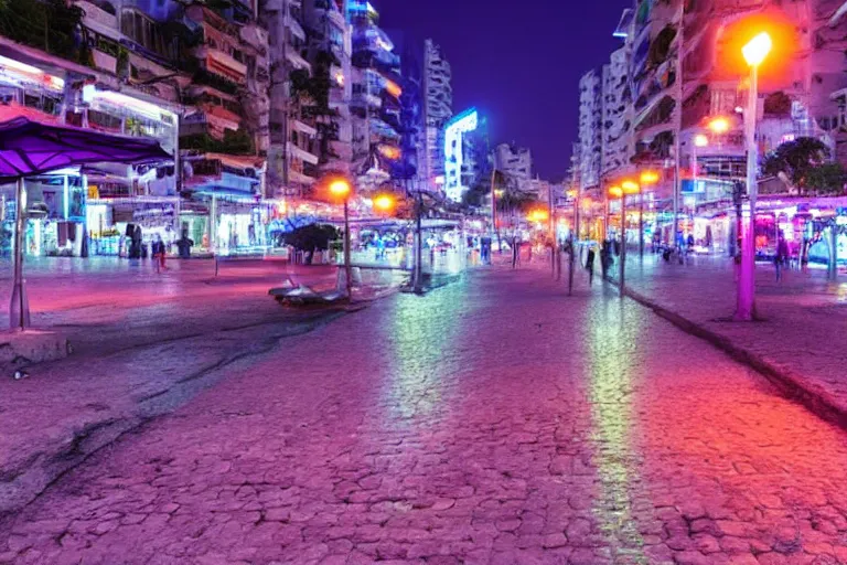 Image similar to cyberpunk rio de janeiro ipanema pao de acucar at night streetlights glowing purple beach painted by monet