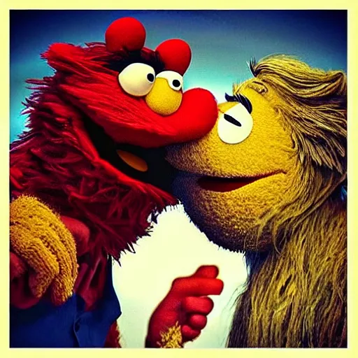 Prompt: a still of bert and elmo sharing a kiss, muppet character looking very manly and modern, hilarious, laughing, hairy chest, huge chin, manly monster tough guy, roughled fur, photo real, photographic, photograph, artstation, trending, featured