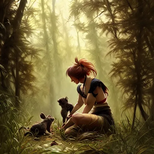 Image similar to photo of a hyenagirl feeds puppies in the forest, highly detailed, digital painting, artstation, smooth, sharp focus, illustration, art by artgerm and greg rutkowski and alphonse mucha