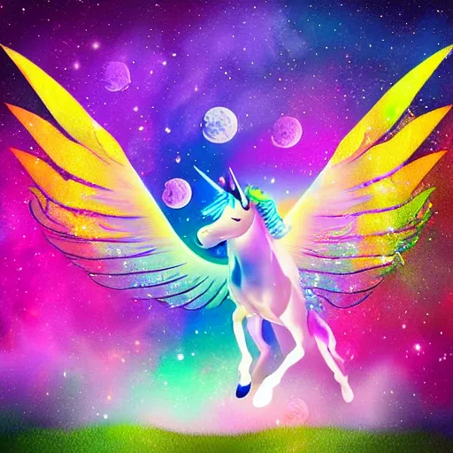 Prompt: a unicorn with fairy wings walking on the moon, colorful digital art