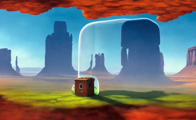 Image similar to hyperrealist painting of a cube inside a giant transparent bubble from howl's moving castle ( 2 0 0 4 ) in a flooded monument valley stonehenge jungle. 1 9 7 0 s science fiction, moody, misty, depth perception, 4 k, artstation, in the style of studio ghibli