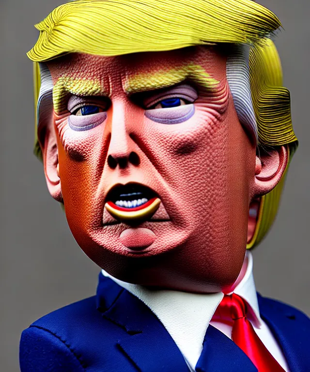 Image similar to hyperrealistic mixed media painting of Donald Trump as a doll, stunning 3d render inspired art by P. Craig Russell and Barry Windsor-Smith + perfect facial symmetry + dim volumetric lighting, serious expression, 8k octane beautifully detailed render, post-processing, extremely hyperdetailed, intricate, epic composition, cinematic lighting + masterpiece, trending on artstation, very very detailed, masterpiece, stunning