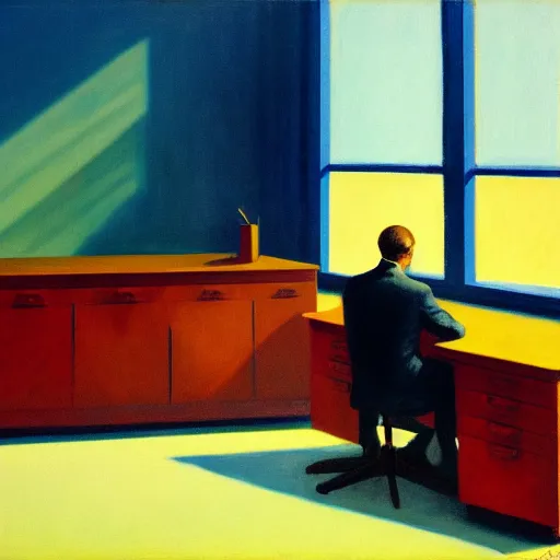 Prompt: painting of a lone man, sitting at his desk in an empty, huge office, in the style of edward hopper