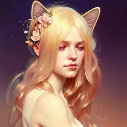 Image similar to Portrait of a girl angel with blonde hair, cat ears, glowing halo, wings, fantasy, intricate, elegant, highly detailed, digital painting, artstation, concept art, smooth, sharp focus, illustration, art by Krenz Cushart and Artem Demura and alphonse mucha