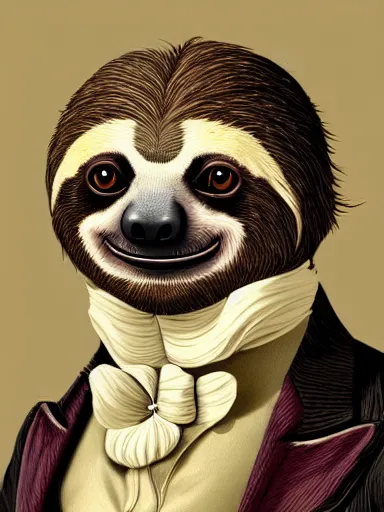 Prompt: portrait of a sloth wearing a victorian suit, regal, debonair, stylish, flowerpunk, rococo, baroque, academicism, digital art, concept art, character design, illustration, award - winning, highly detailed