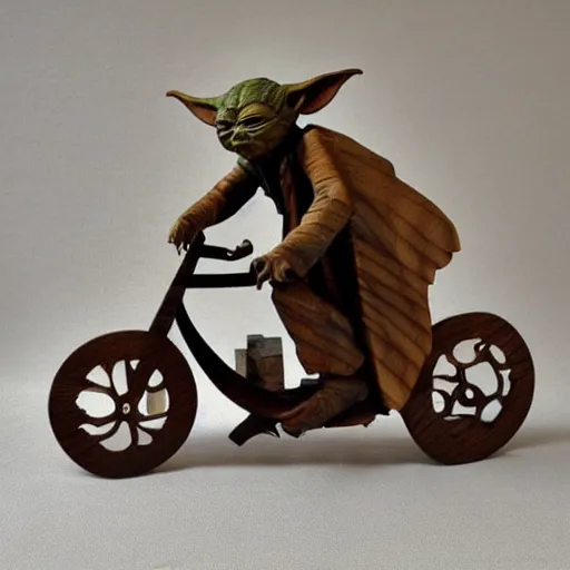 Image similar to wooden sculpture of yoda on a motorcycle, polished maple, thoughtful, elegant, real