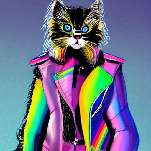 Image similar to wide angle full body, jacket wearing fluffy cute rainbow kitten wearing a black leather motorcycle jacket, concept art