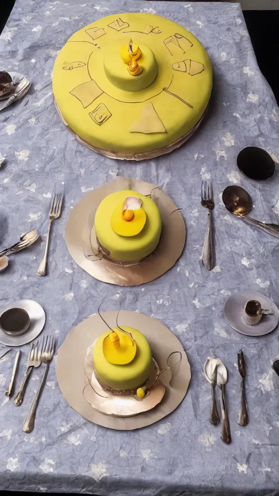 Image similar to a cake in the shape of a nuclear bomb, on a velvet table cloth, soft focus