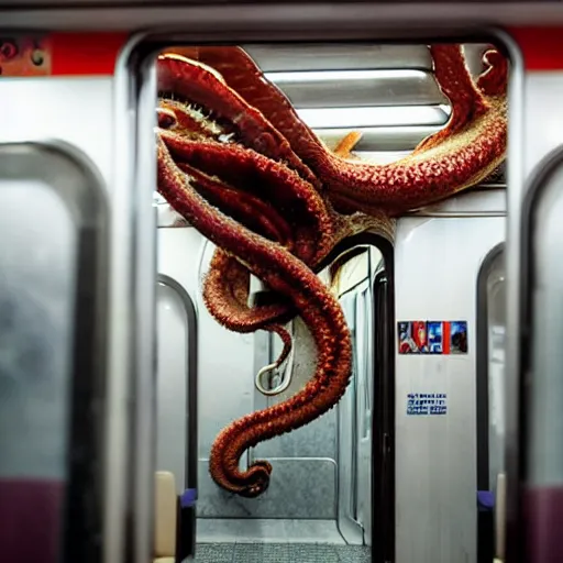 Prompt: a photo of a giant octopus mindflayer invading a interior of a subway train in new york, cinematic lighting