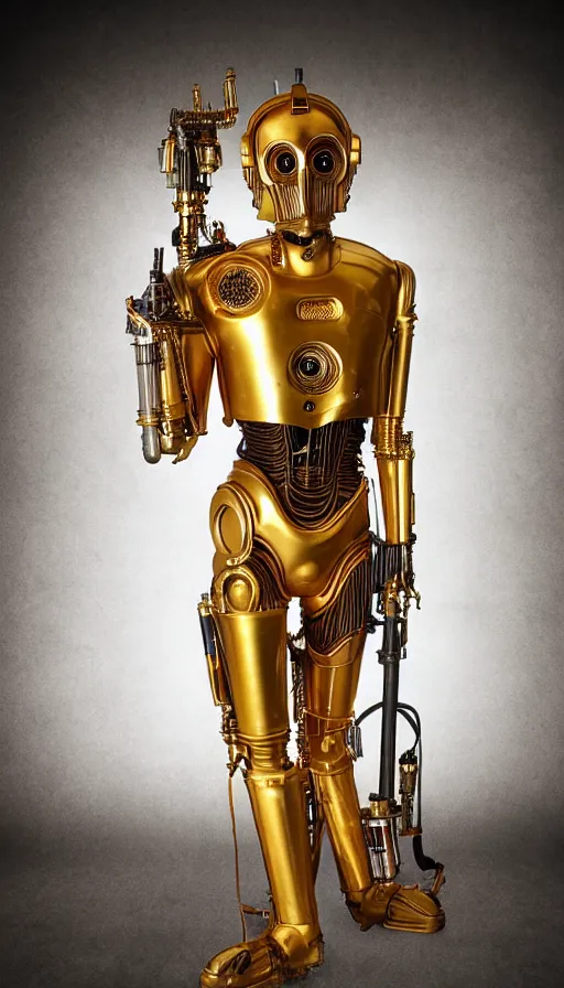 Image similar to steampunk version of c 3 po, promotional photo, studio lighting