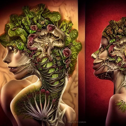 Image similar to a beautiful detailed photo of a two sides rotten woman corpse morphing into fractal plants and fractal flowers and mushrooms, muscles, veins, anatomical, intricate, ornate, volumetric light, beautiful lit, romero ressendi