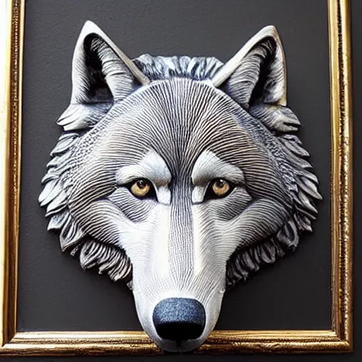 Image similar to gorgeous wolf statue portrait with gold filigree