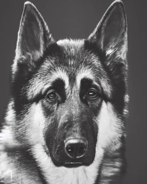 Prompt: A studio portrait of an unhappy German Shepherd dog, bokeh, 90mm, f/1.4