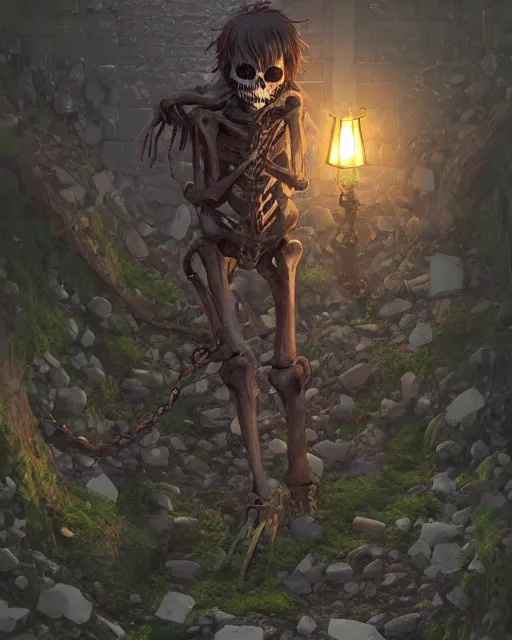 Prompt: a skeleton chained up in a corner of an old abandoned dungeon, very little moss, dark, ancient. Atmospheric lighting, By Makoto Shinkai, Stanley Artgerm Lau, WLOP, Rossdraws, James Jean, Andrei Riabovitchev, Marc Simonetti, krenz cushart, Sakimichan, D&D trending on ArtStation, digital art.