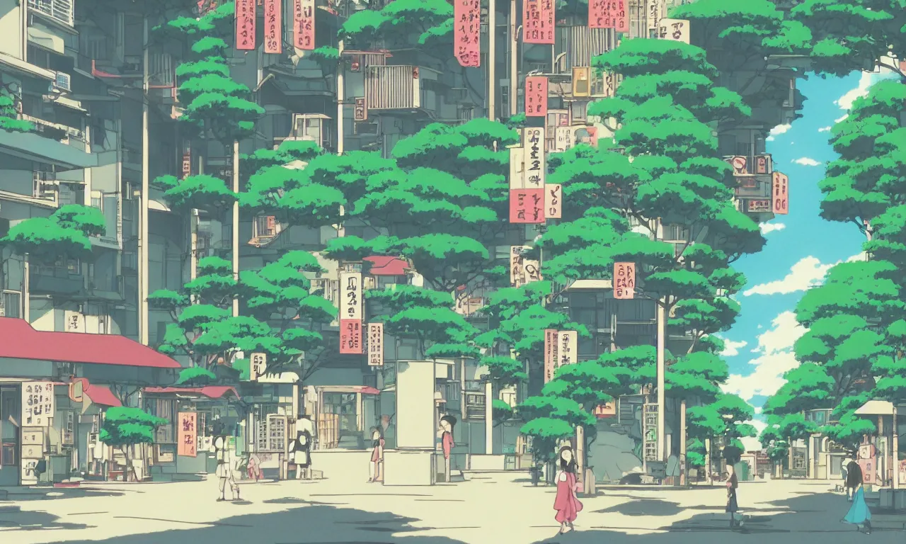 Prompt: A cute aesthetic still frame from an 80's or 90's anime, minimal street in Japan with a waterfall, shops, trees