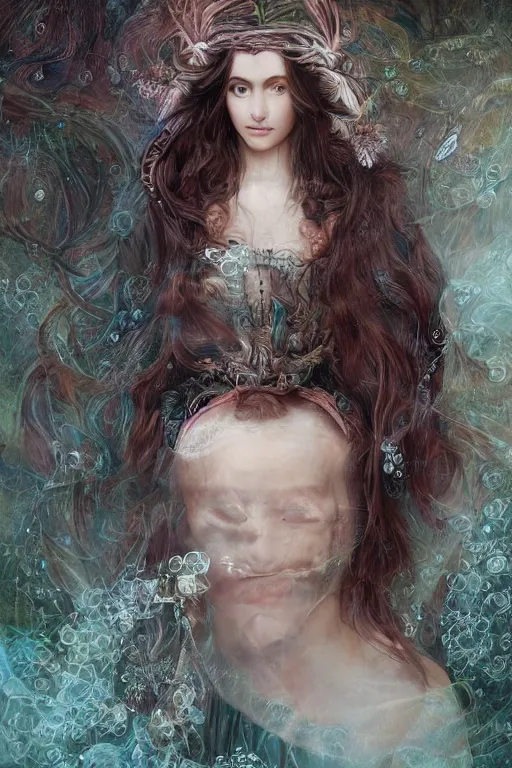 Prompt: An extremely beautiful pre-raphaelite ornate portrait of a very beautiful witch, surreal, ultradetailed, intricate, elegant, digital art painting, concept art, smooth, sharp focus, magazine art cover illustration, regal, award winning picture, extremely detailed masterpiece, sense of awe, featured on Artstation, Artgerm, winning award piece, ethereal bubbles, Aetherpunk, low-key neon lightning, stormy weather, Exquisite floral details, 8K detail post-processing, matte, oil painting