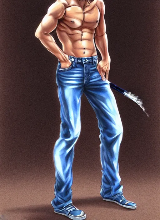 Image similar to Portrait of Onizuka from GTO wearing jeans and no tshirt, masculine and muscular, smoking a cigarette, intricate body, whole body highly detailed, digital painting, artstation, concept art, smooth, sharp focus, illustration, art by Hajime Sorayama