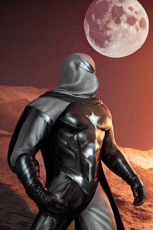 Image similar to hyperrealistic photography of Moon Knight mixed with Dardevil style of Hossein Diba, Gal Yosef, full-shot, 4k, highly detailed, cinematic lighting, photorealistic, 3d render, award winning render, unreal engine, masterpiece, octane render, sharp focus, studio lighting, 8k, hd