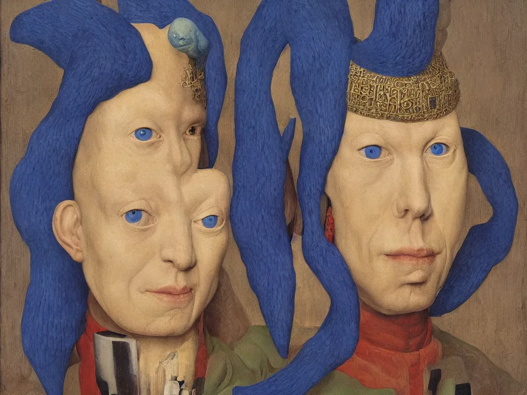 Image similar to Portrait of albino mystic with blue eyes, with totemic archaic mask made from lapis lazuli. Painting by Jan van Eyck, Audubon, Rene Magritte, Agnes Pelton, Max Ernst, Walton Ford