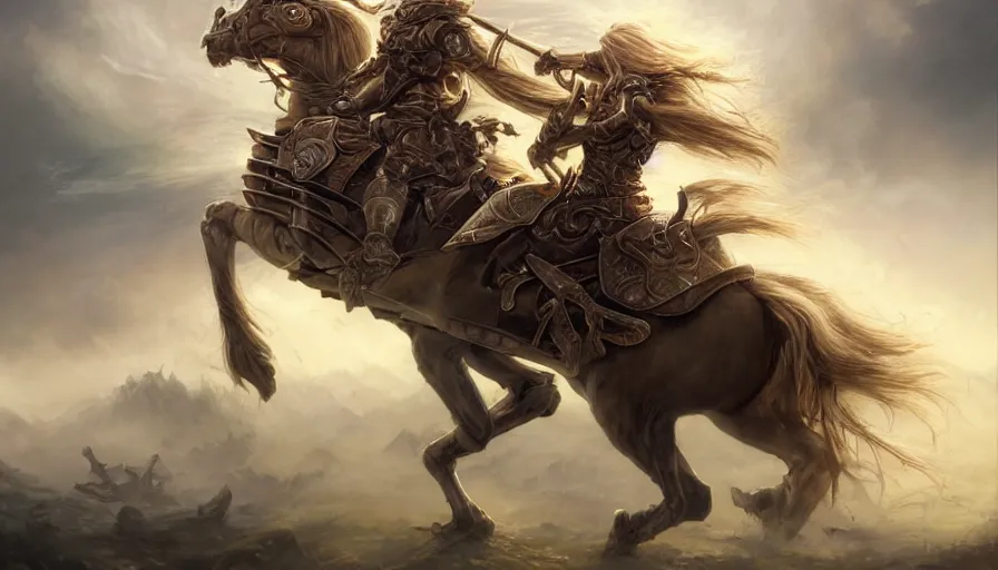 Image similar to portrait, handsome long - haired male fantasy paladin in shining armor on an armored horse, blond, rpg game, stern expression, main character, detailed, digital painting, artstation, sharp focus, illustration, artgerm, tomasz alen kopera, peter mohrbacher, donato giancola, joseph christian leyendecker, wlop, frank frazetta