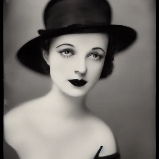 Prompt: a black and white photo of a woman wearing a hat, a character portrait by george hurrell, featured on flickr, mannerism, studio portrait, chiaroscuro, 1 9 2 0 s