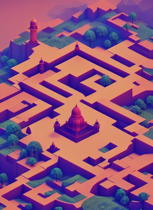 Prompt: a low poly isometric render of mughal india in the style of monument valley, intricate, elegant, smooth shading, soft lighting, illustration, simple, solid shapes, by magali villeneuve, jeremy lipkin and michael garmash, rob rey and kentaro miura style, octane render, zaha hadid
