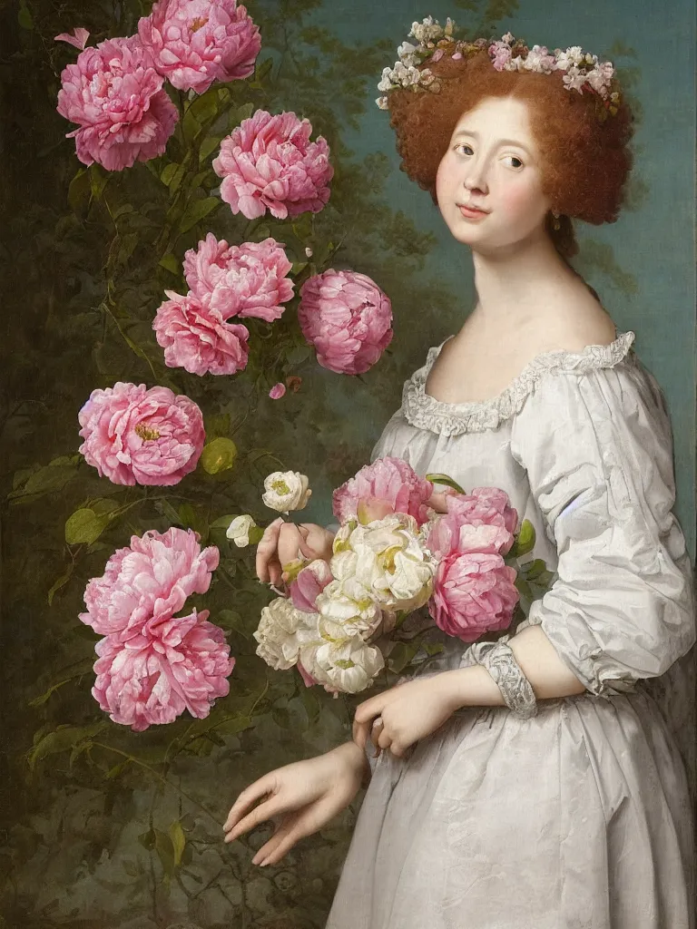 Image similar to Dutch style, Renaissance studio portrait painting of a beautiful, young woman with rosy cheeks, luscious, voluminous, curly red hair adorned with many pink and white flowers, cherry blossoms, peonies, white roses, baby's breath flowers, wearing a white lace dress, against a sea green textured backdrop, in the style of Jan Davidzoon de Heem,